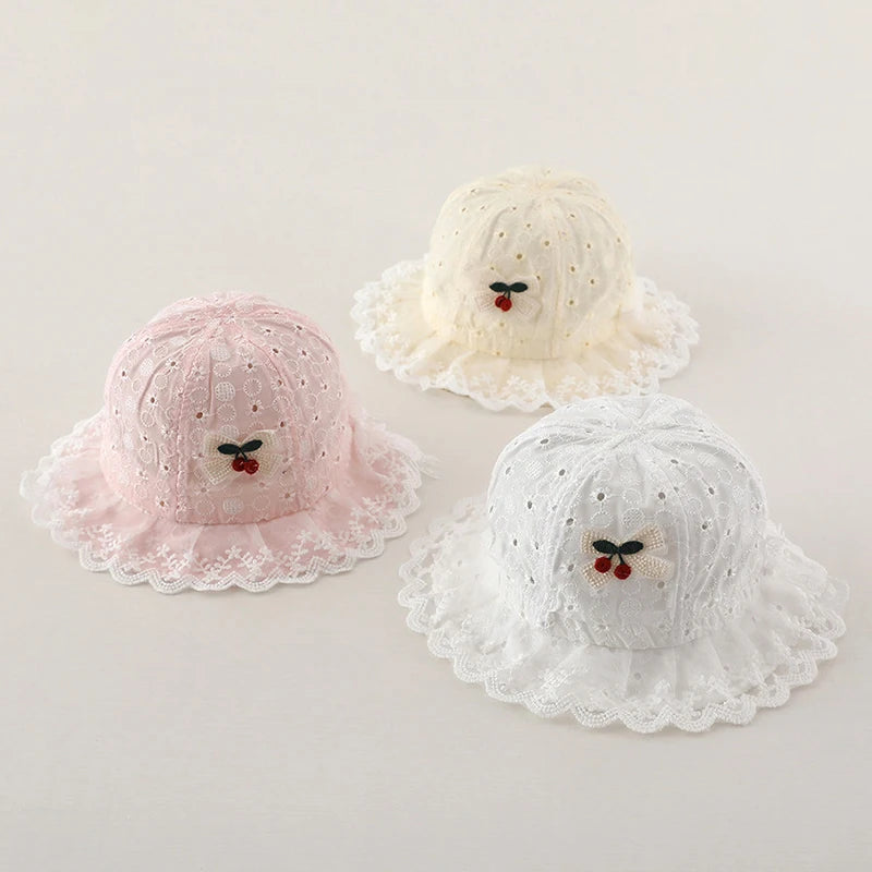 0-12M Infants Lace Fisherman Cap Princess Baby Sunscreen Basin Caps Cute Cherry Bucket Hat Kids Summer Thin Hollow Cotton Visors