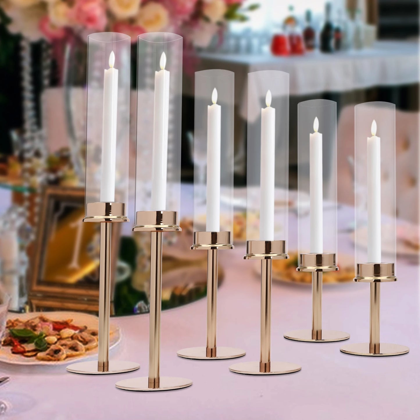 6PCS Candle Holder, Different Heights, Windproof, Gold, Decorative Glass Pillar Candle Holders for Home, Wedding, Party, Dinner