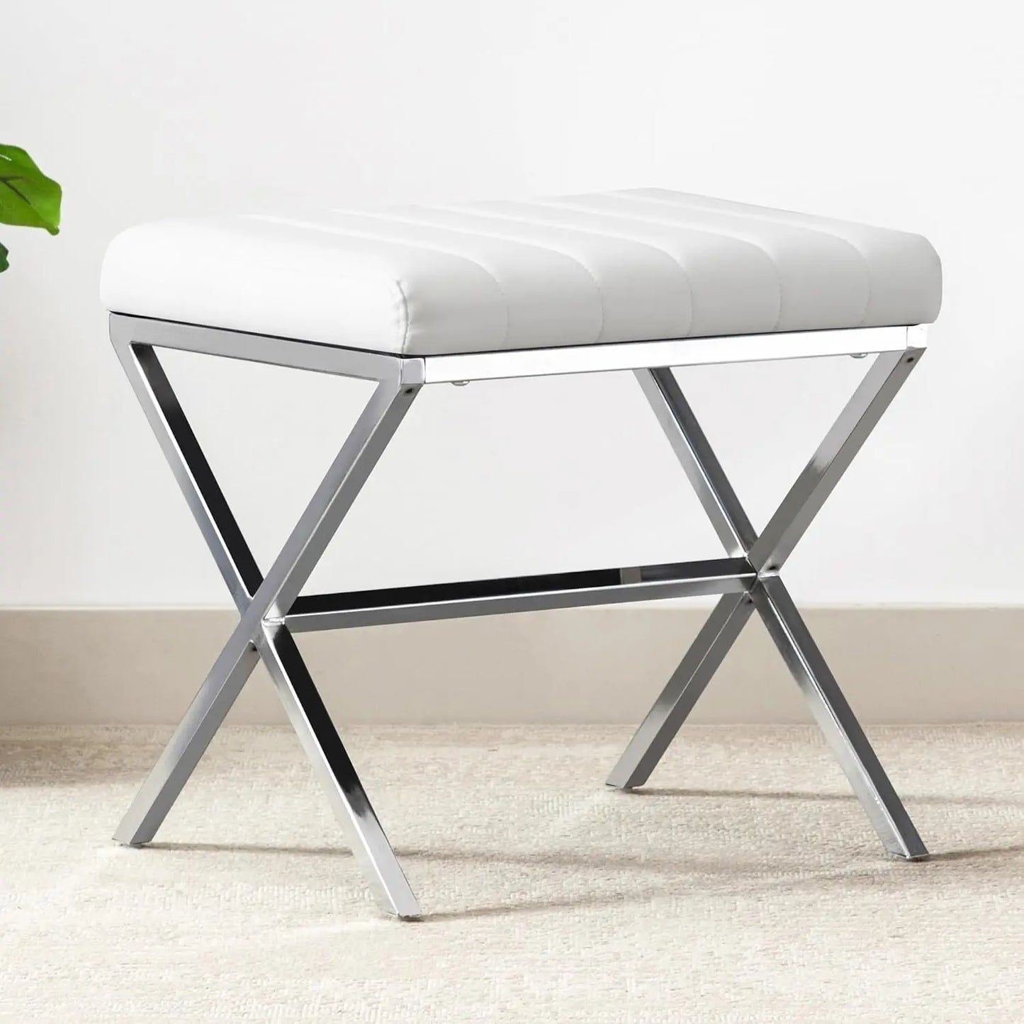 Modern PU Leather Padded Ottoman Stool Chair X Metal Legs Rectangle Vanity Bench Foot Rest Living Room Bathroom Custom