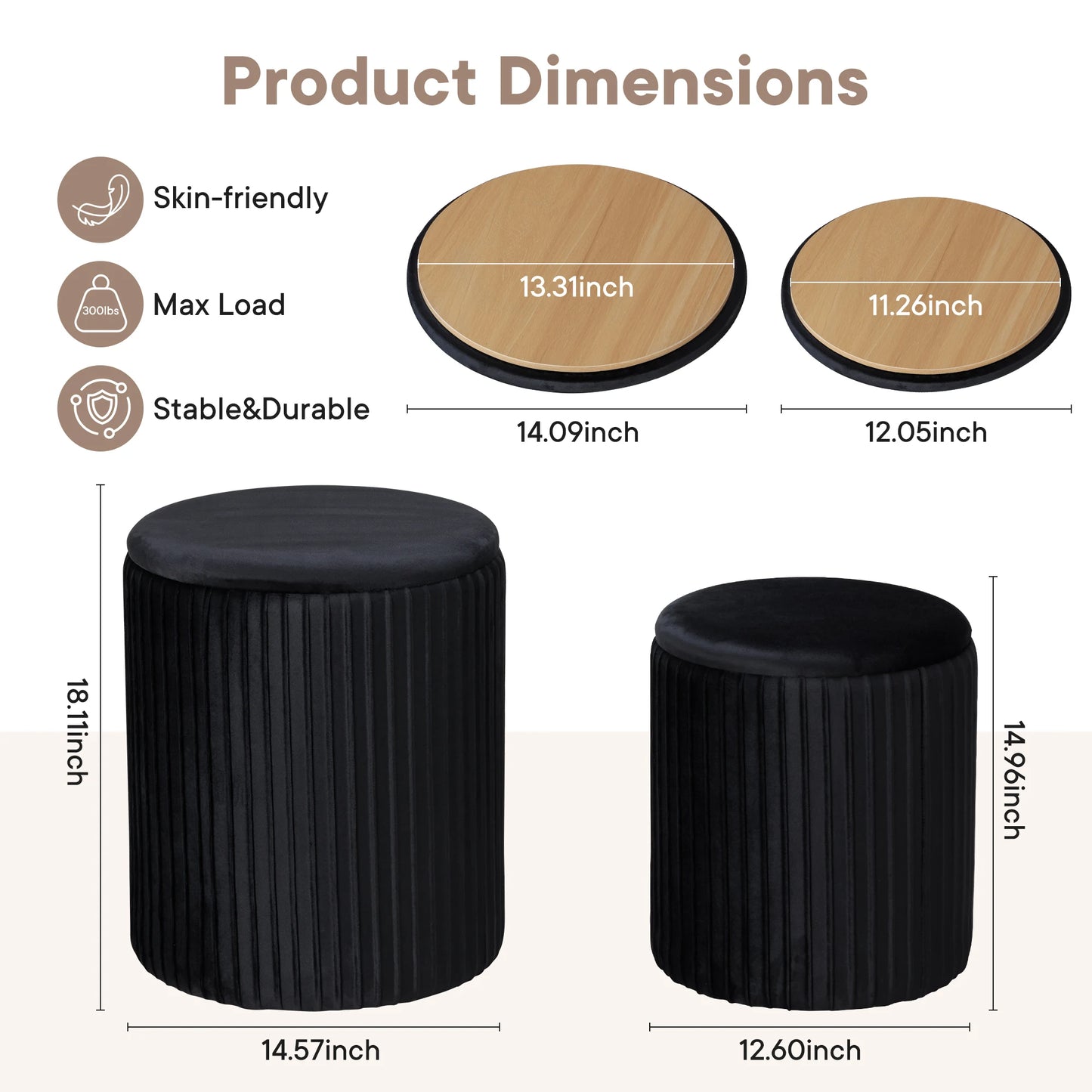 JHK Living Room Round Ottoman with Storage Set of 2 Hidden  Footstool Toy Box Bedroom Bench Strong Load-bearing Capacity Stool