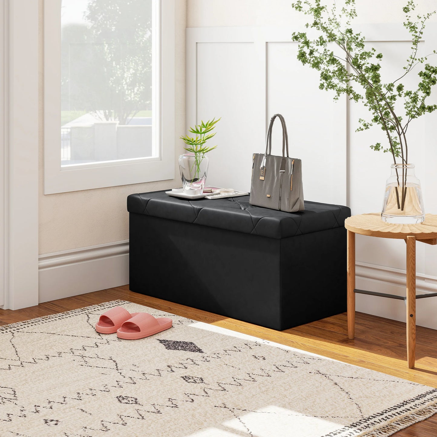 MCQ 30 Inch Faux Leather Foldable Ottoman Foot Rest Stool with Storage Folding End of Bed Storage Bench Storage for Living Room Bedroom Entryway