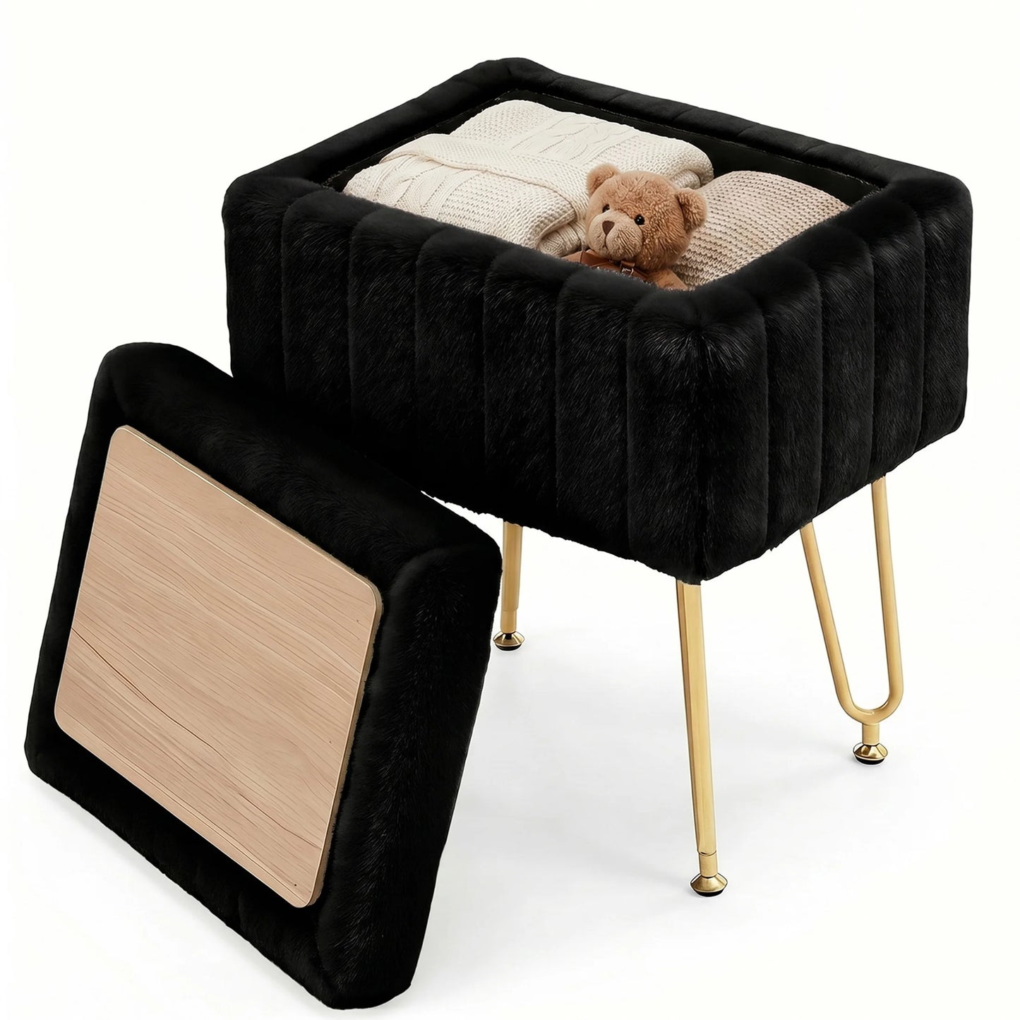 JHK Ottoman Faux Fur Vanity Stool Chair with Storage Padded Makeup with 4 Metal Legs Anti-Slip Adjustable Feet Living Room Hidden Storage Stools for Home Entryway