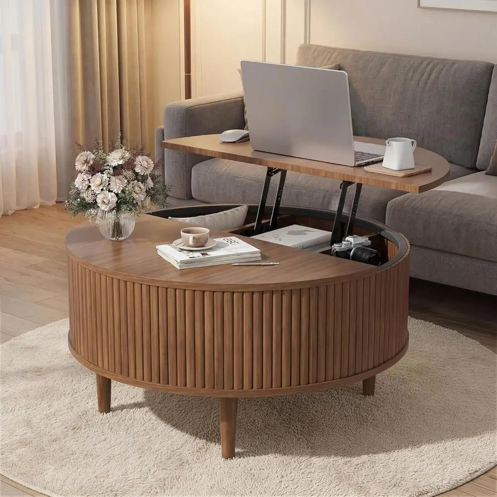 31.5" Round luted Lit Top Coee Table, Century ern Coee Table with 4 Hidden Storage, Center Table or Living Room & Home Oice & Sm