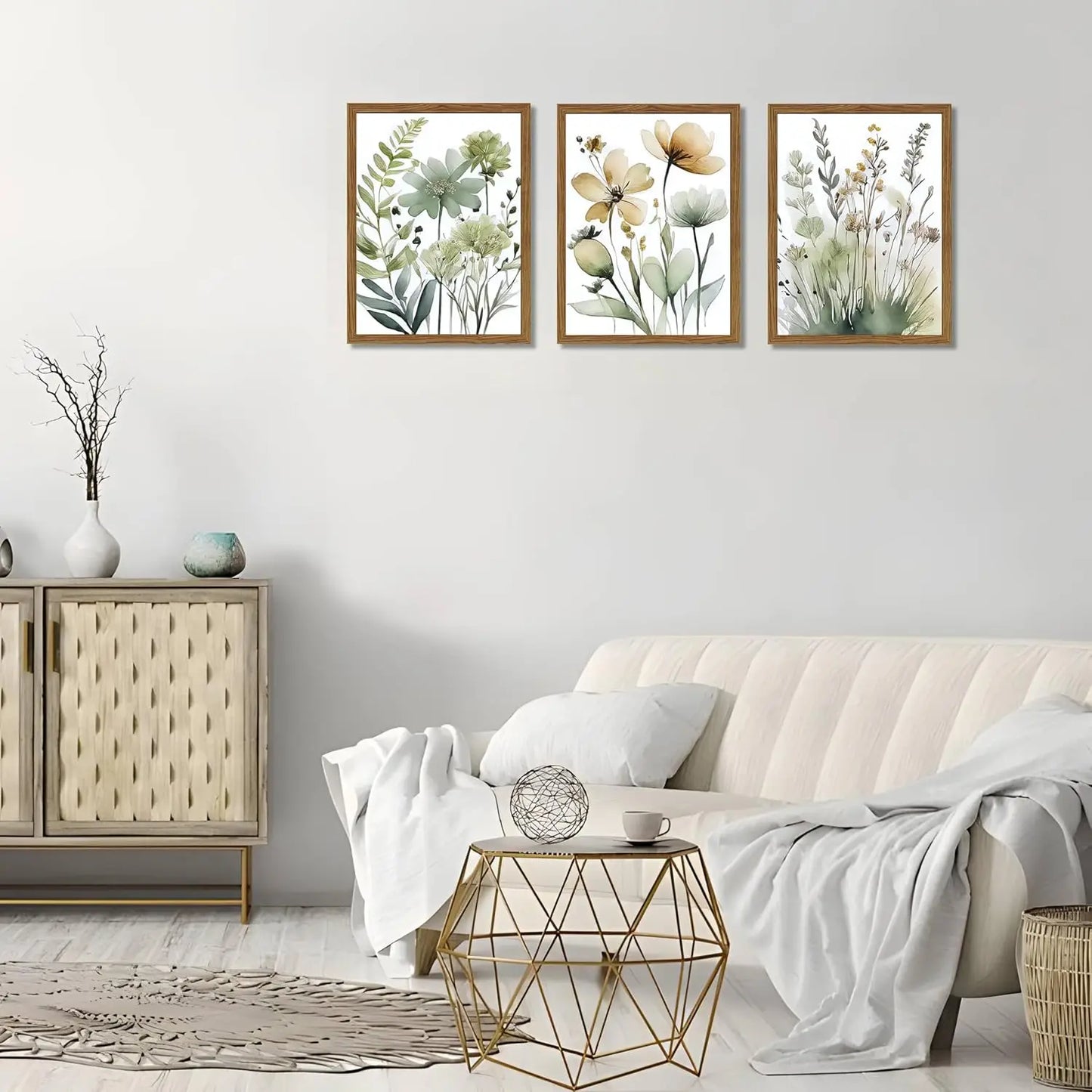 Wood Framed Sage Green Botanical Wall Art Set of 3, Boho Floral Canvas Wall Decor Paintings, Minimalist Flower Posters Prints Pictures for Bedroom Bathroom Living Room Home Decor 12x16 Inch