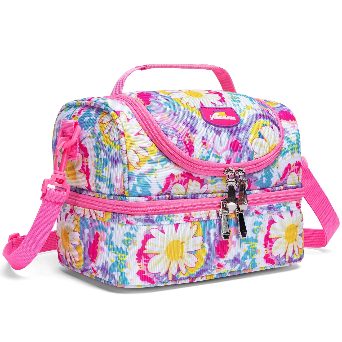 Cute Cartoon Animal Double Deck Girls Lunch Bag Portable Insulated Leakproof Lunch Tote with Detachable Shoulder Strap for School Nursery