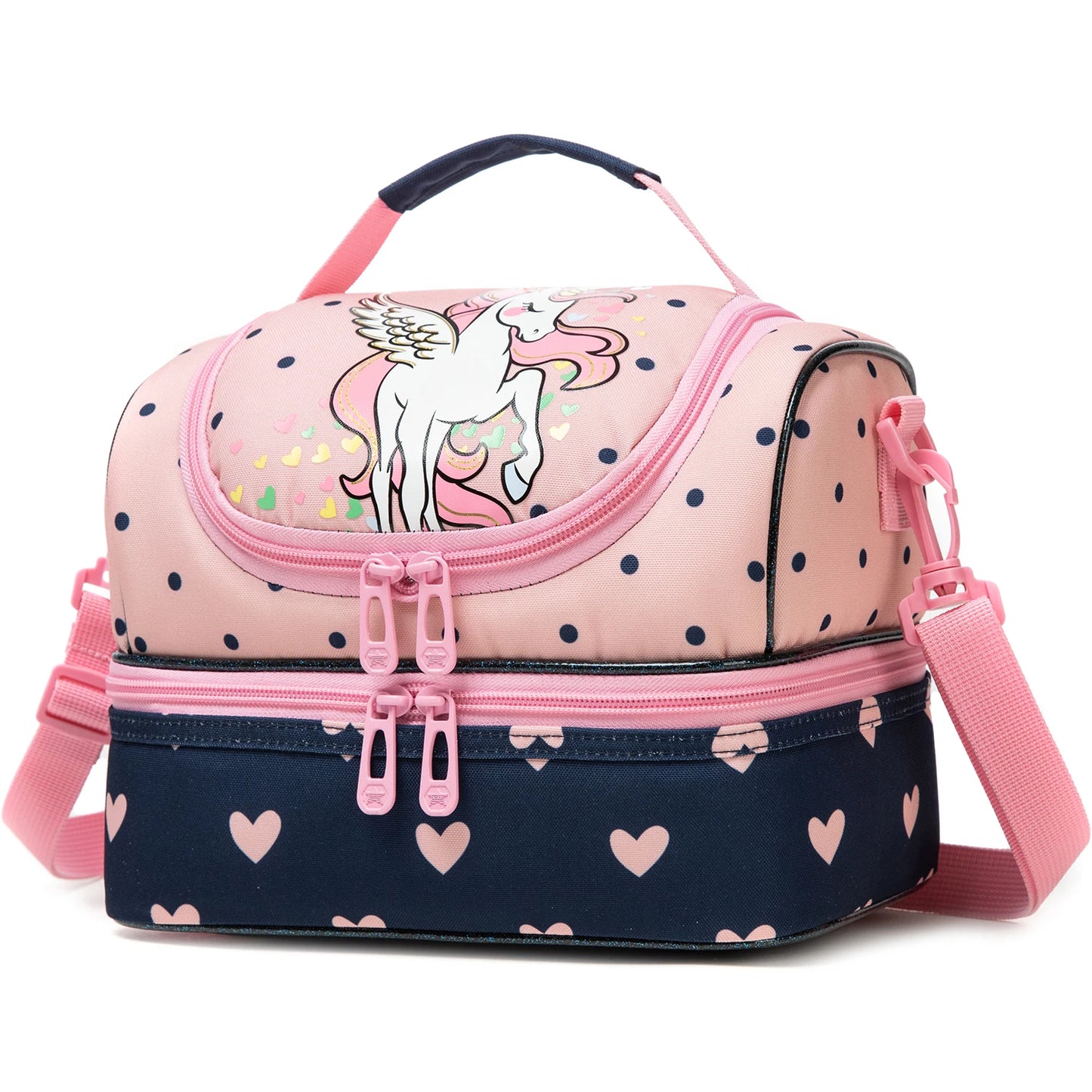 Girls Cute Unicorn Kitten Print Double Deck Lunch Bag Portable Handheld Insulated Food Bag Leakproof Washable Snack Container Bag