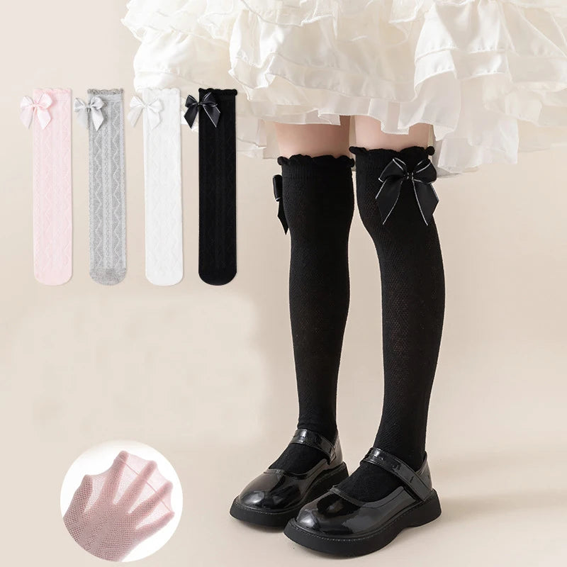 1pcs Girls Knee High Socks Spring Summer Baby Kids Toddlers Long Soft Cotton Socks Student Lace Bow Childrens Lolita Style Socks