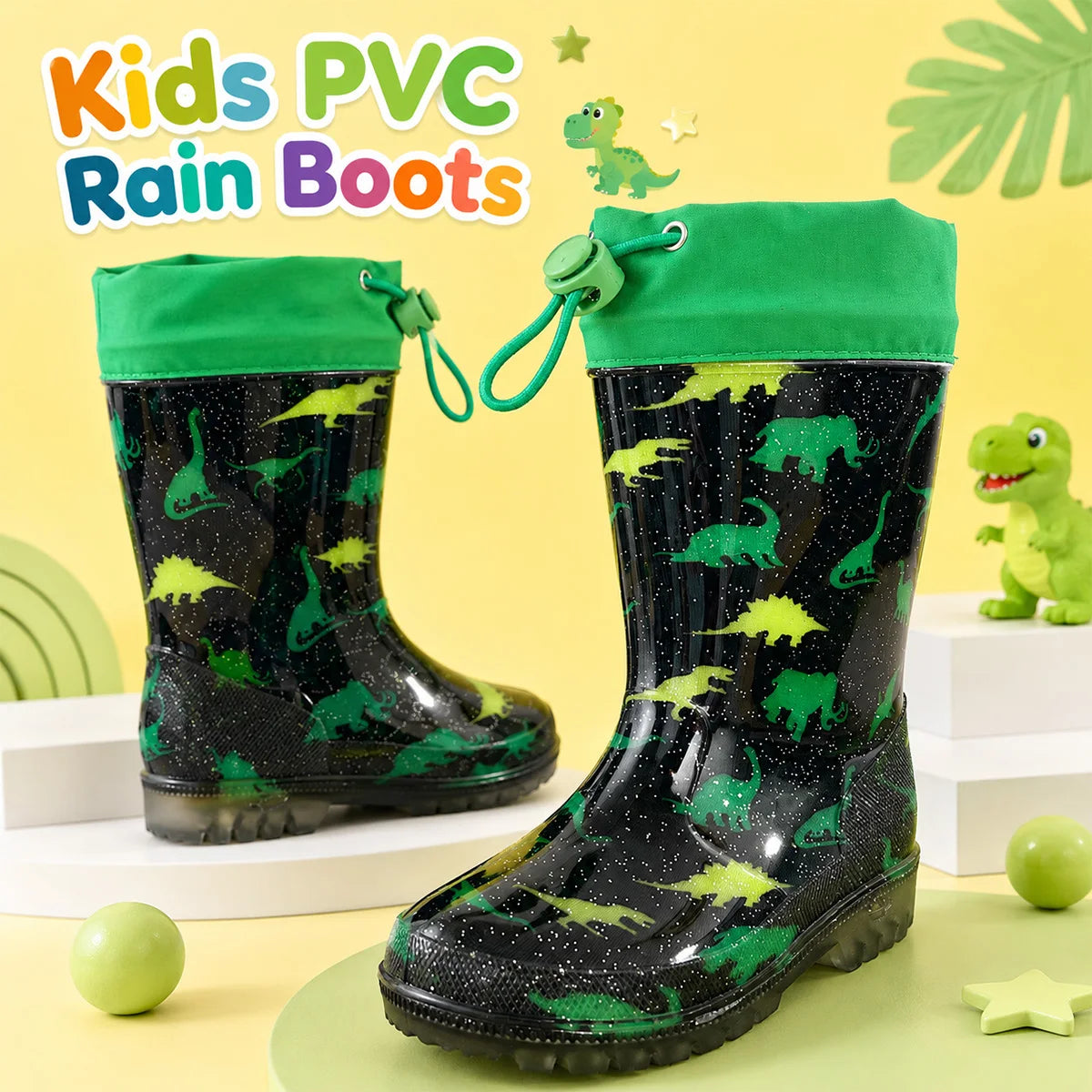 Boys Green Dinosaur Print Glitter Kids Rain Boots Adjustable Drawstring Cuff Waterproof Anti-slip PVC Children Wellies Outdoor Rain Water Shoes