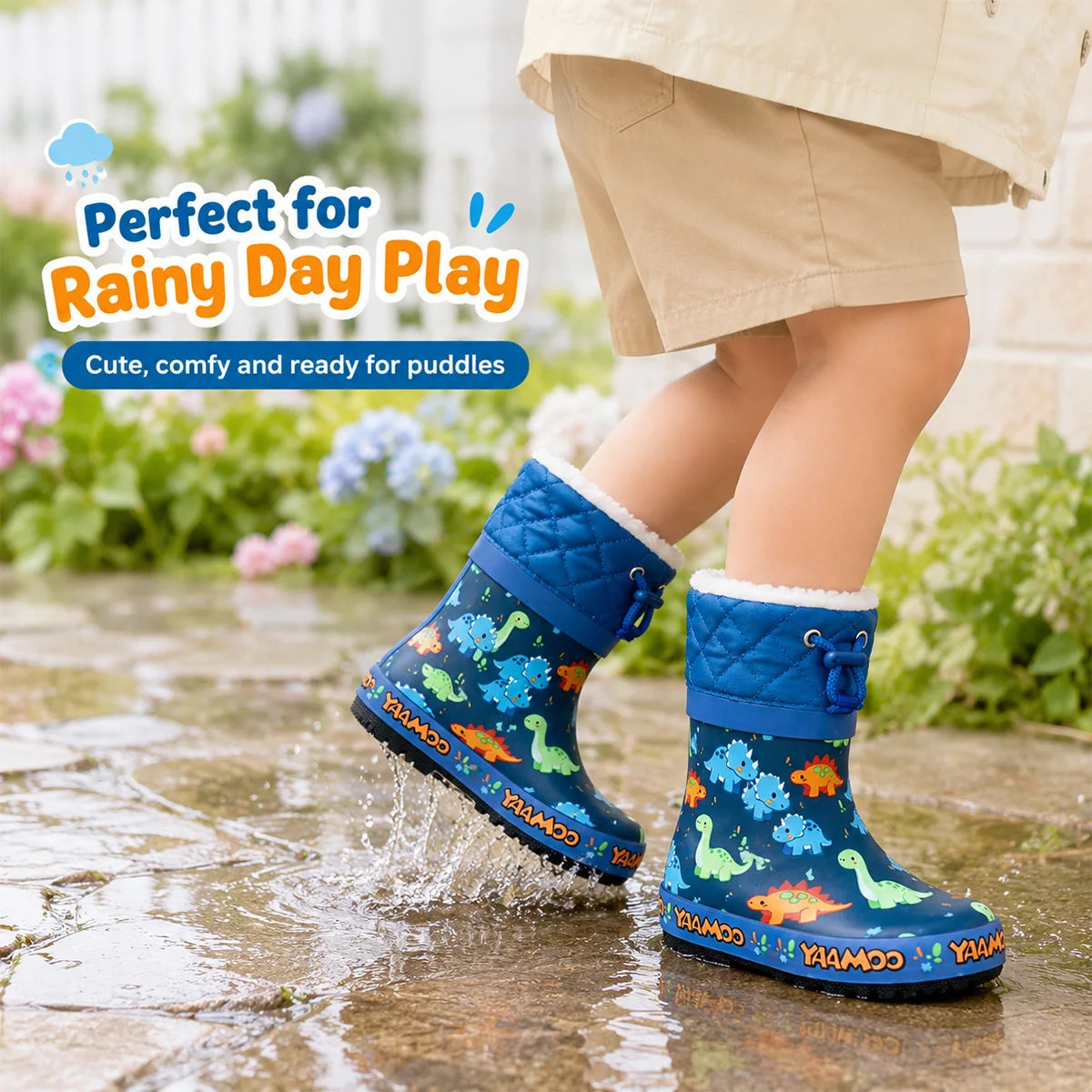 Boys Cartoon Dinosaur Print Kids Rain Boots Fleece Lined Warm Drawstring Cuff Waterproof Anti-slip Rubber Wellies Toddler Winter Water Shoes