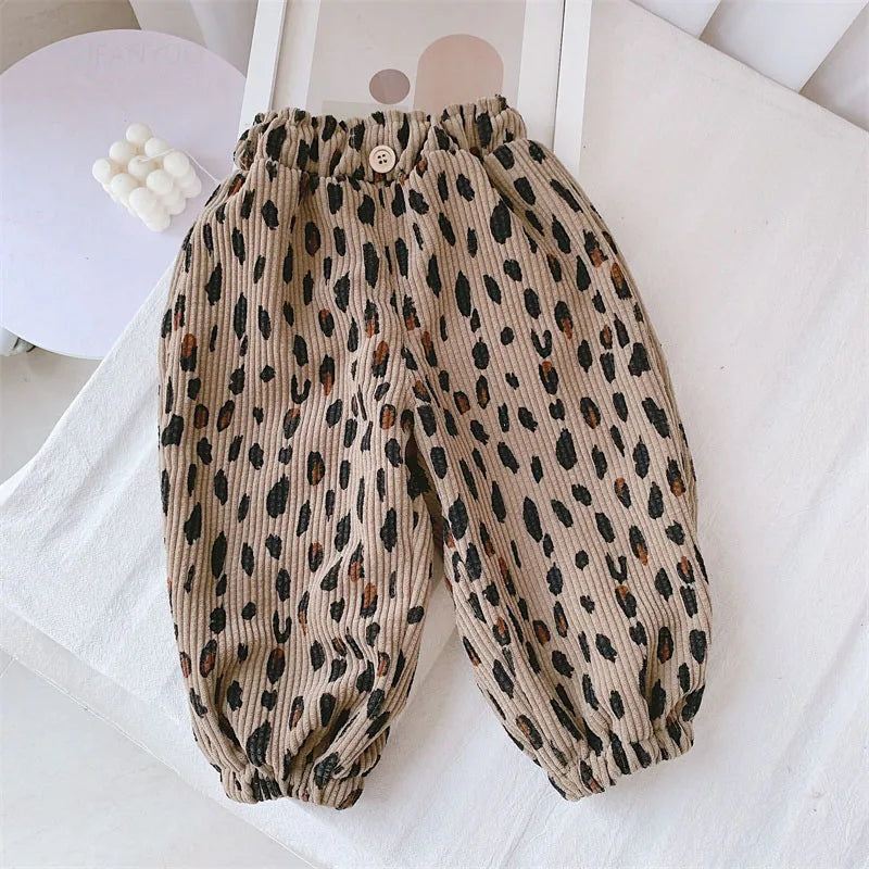 Spring Autumn Girls Korean Corduroy Floral Pants Thicken Fleece Warm Children Trousers Fashion Leopard Print Boys Pants Outwear