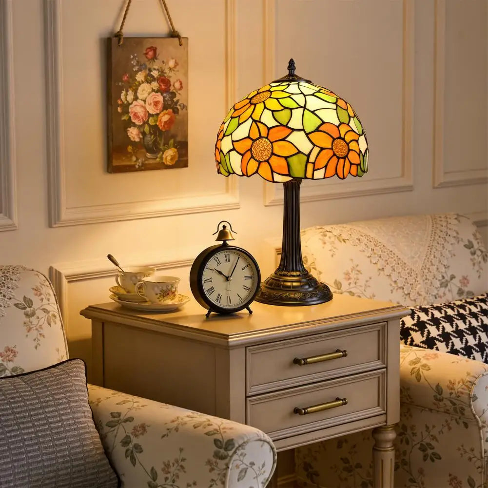 Stained Glass Bedroom Table Lamp, 12-inch Yellow Sunflower Reading Desk Light for Bedside, Living Room, Office, Dining Room