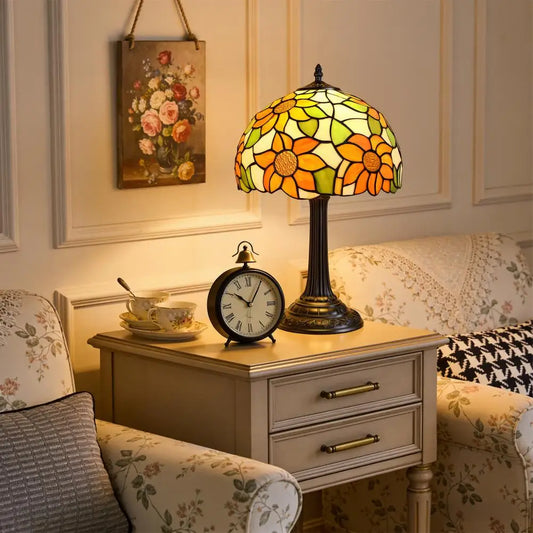 Stained Glass Bedroom Table Lamp, 12-inch Yellow Sunflower Reading Desk Light for Bedside, Living Room, Office, Dining Room