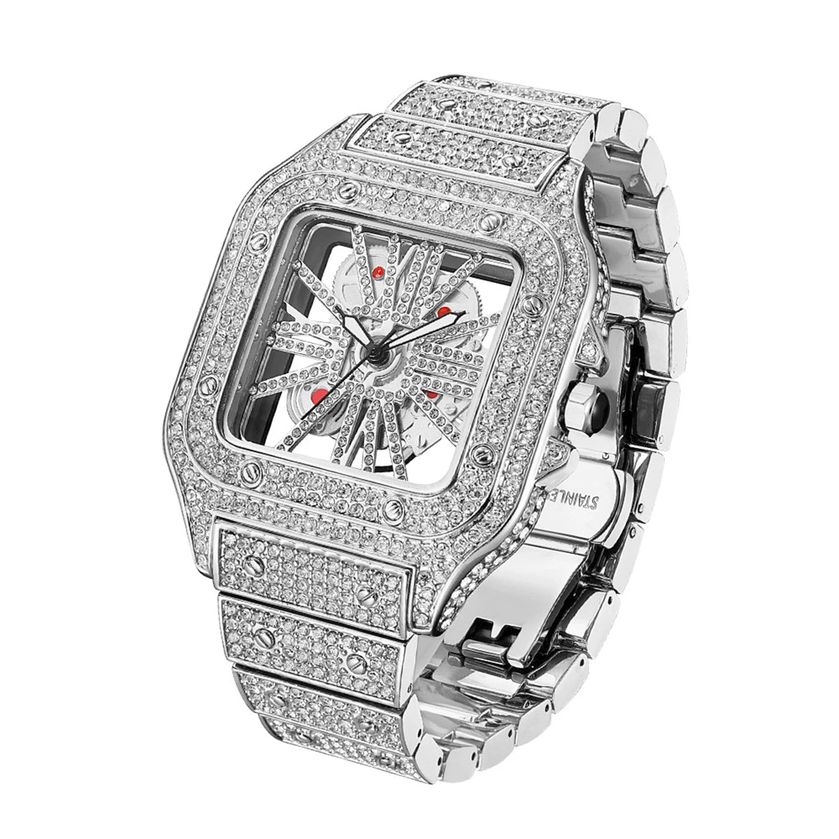 Aokaishen Iced Out perspective mechanical watches Stainless Steel Wristwatches for men Full Stones Zircon Quartz Square Gift