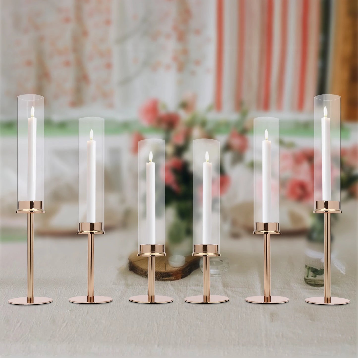 6PCS Candle Holder, Different Heights, Windproof, Gold, Decorative Glass Pillar Candle Holders for Home, Wedding, Party, Dinner