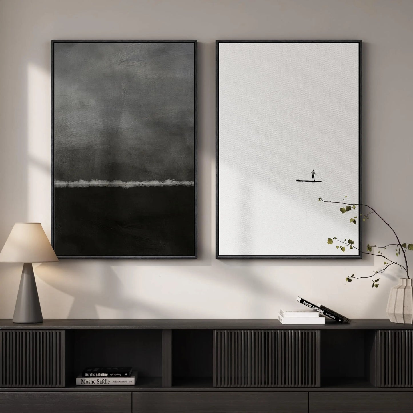 Framed Neutral Abstract Wall Art Set of 2, Black Beige Modern Canvas Prints Paintings Artwork for Walls, Minimalist Block Lines Pictures for Living Room, Dining Room, Bedroom Wall Decor 16x24 In