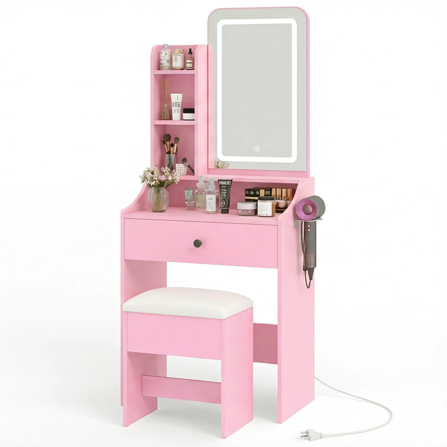 JHK 24IN Makeup Vanity Table Set with Mirror and Lights Small Vanity with Storage Bench Charging Station and Hair Dryer Holder Dressing Table with Drawer and Three Shelves