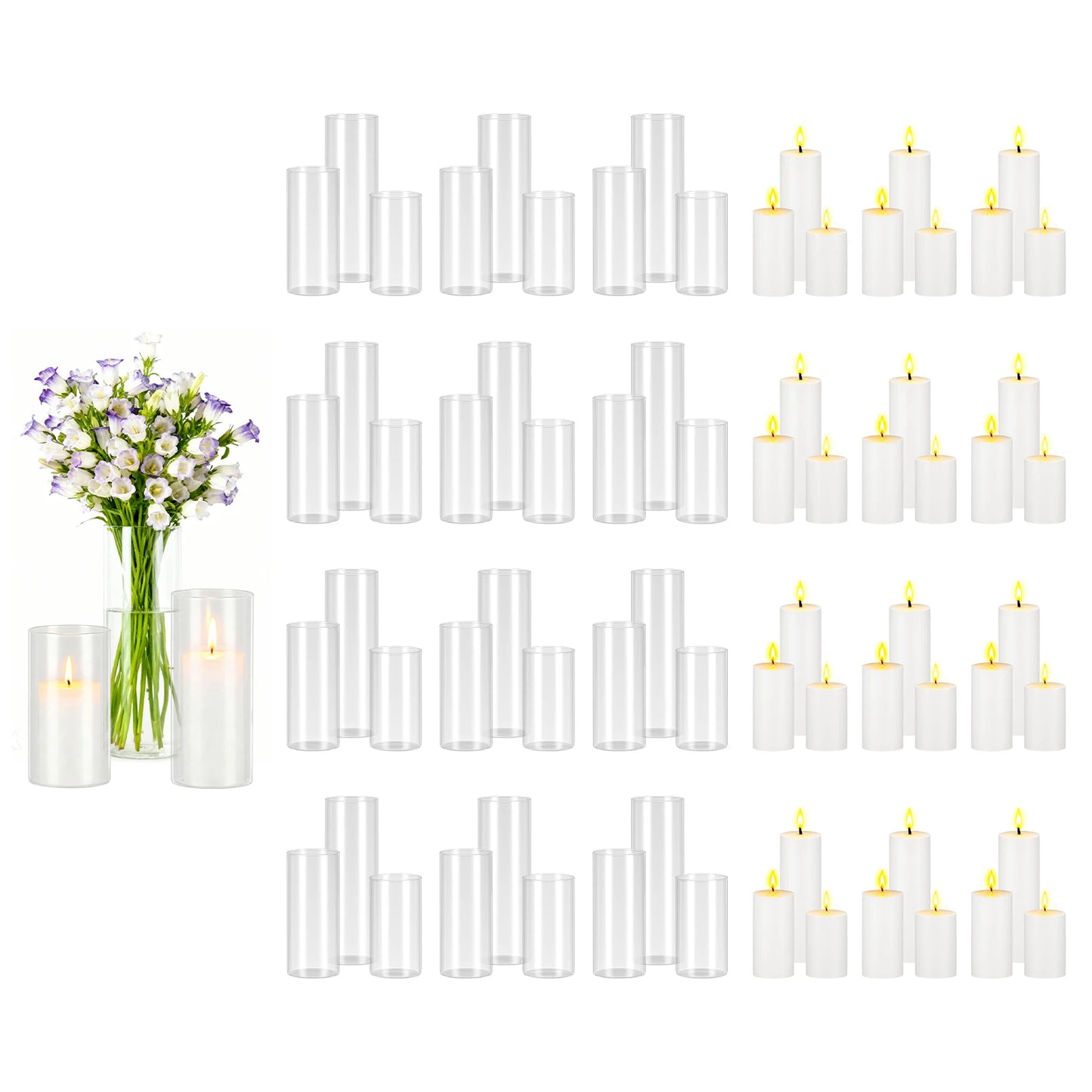 Pillar Candles and Glass Vases Set 24-120pcs Clear Cylinder Hurricane Candle Holders for Wedding Centerpieces Tall Vase