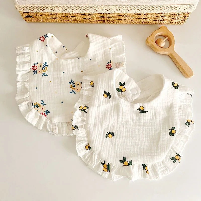 2pcs Floral Print Baby Bibs U-Shaped Snap Saliva Towel Ruffled Edge Muslin Cotton Burp Cloths Rainbow A Grade Feeding Scarf