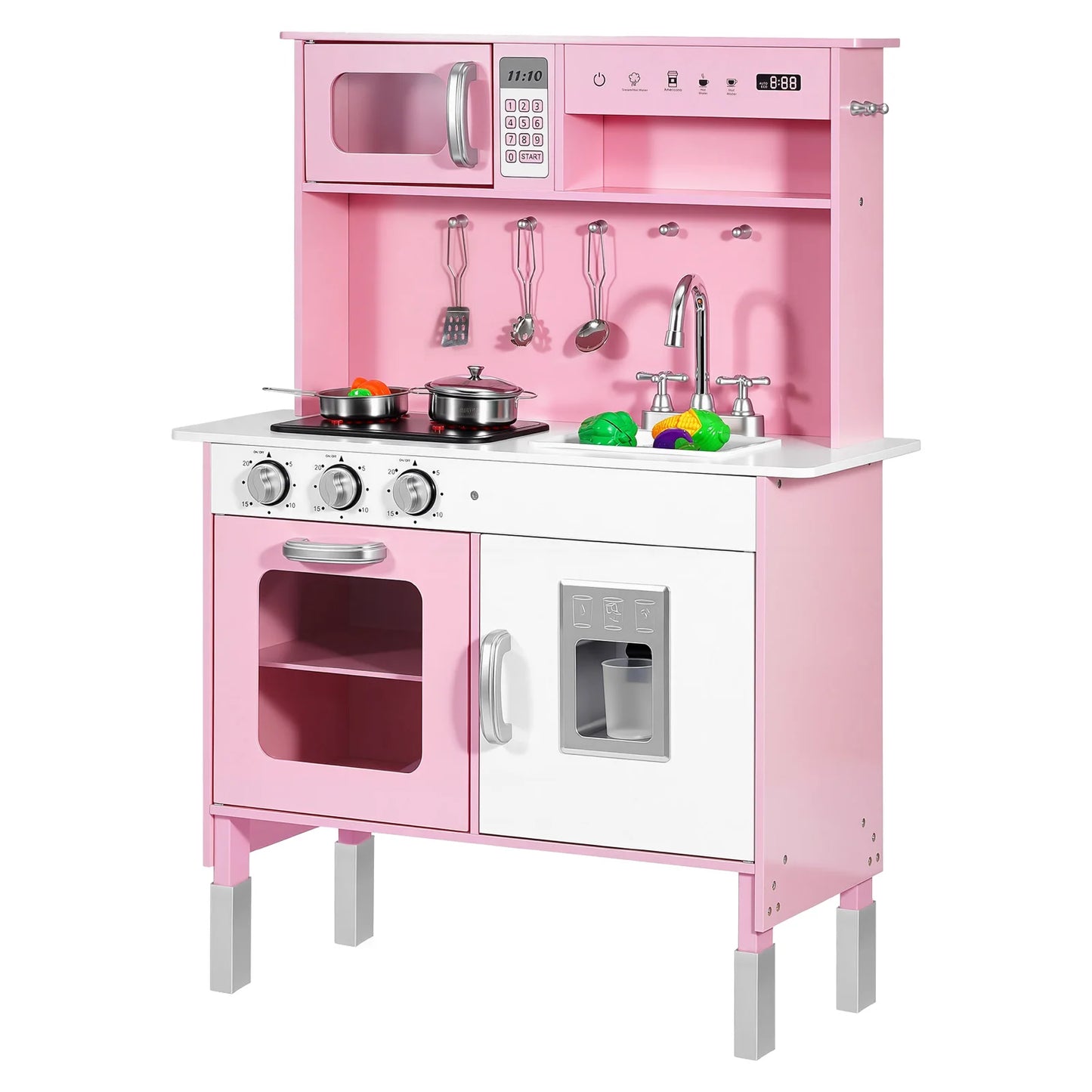 SucceBuy Play Kitchen for Kids Wooden Kids Kitchen Playset with Lights Sounds & Cookware Pretend Play Toy Set fit Toddlers Girls