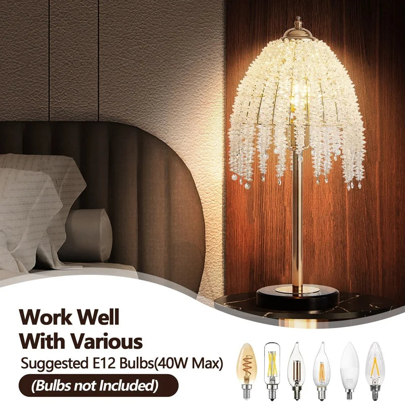 19" Elegant Crystal Table Lamp with Waterfall Bead Shades and Marble Base for Living Room, Bedroom, Office (Bulb Not Included)