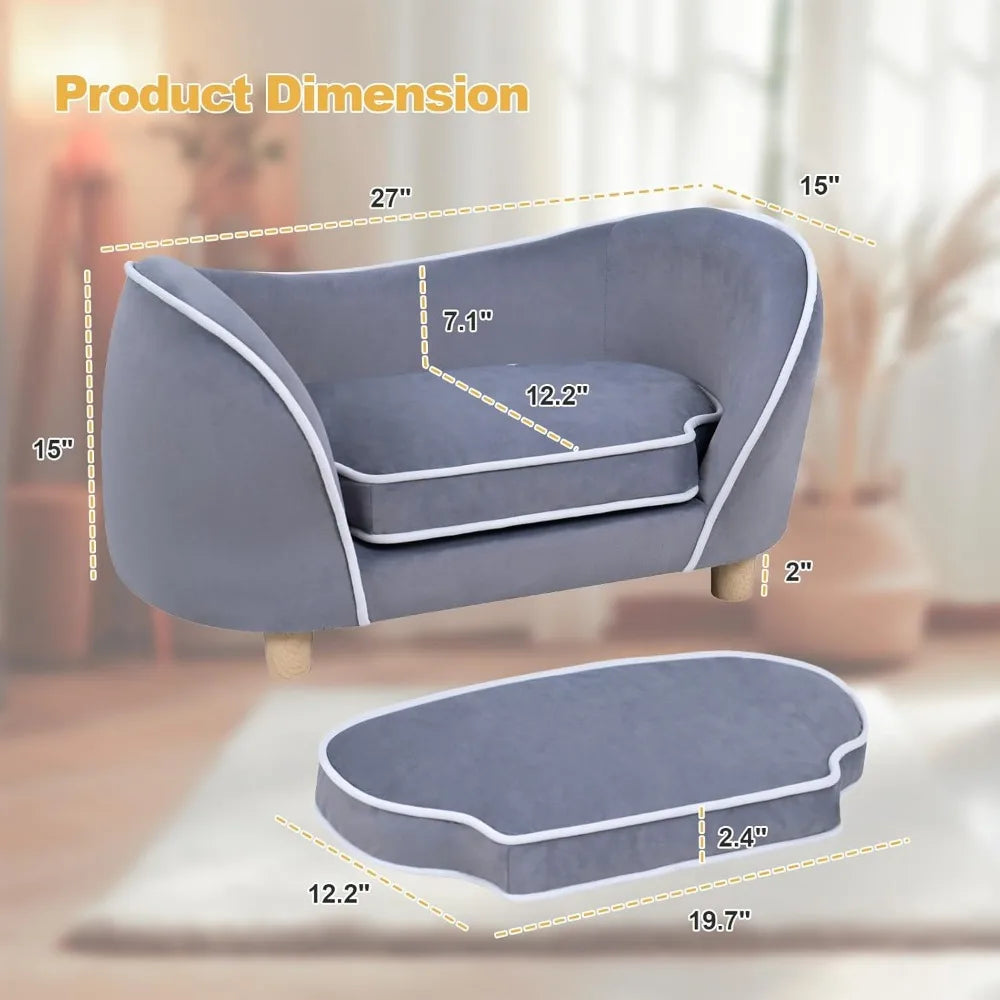 "gray 27-inch pet sofa with cushion, removable cover and wooden legs for small dogs and cats"