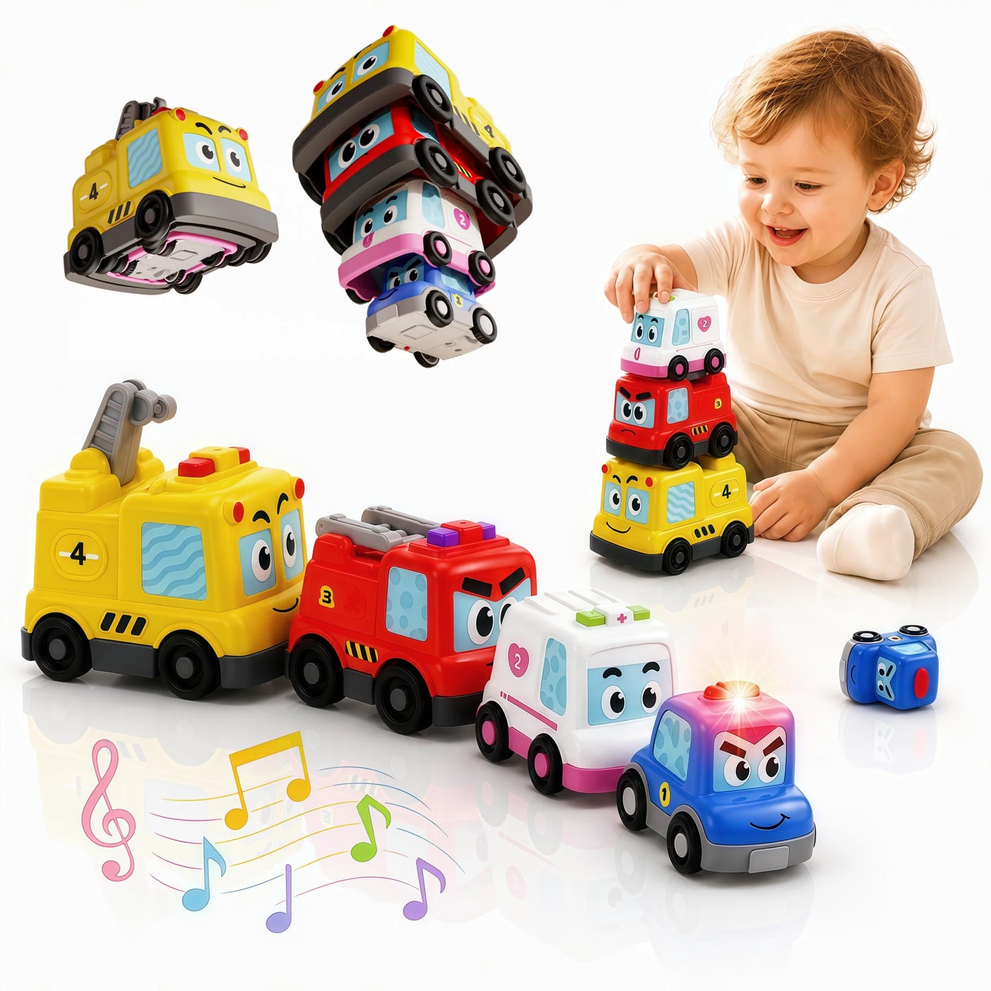 4 in 1 Montessori Toy Cars Set - Stacking Nesting Magnetic Following Toddler Toys 1-2, Sensory Toys with Lights, Music & Cars Toys, STEM Educational Toy, Baby Toys Christmas Birthday Gifts for KIds Boys Girls