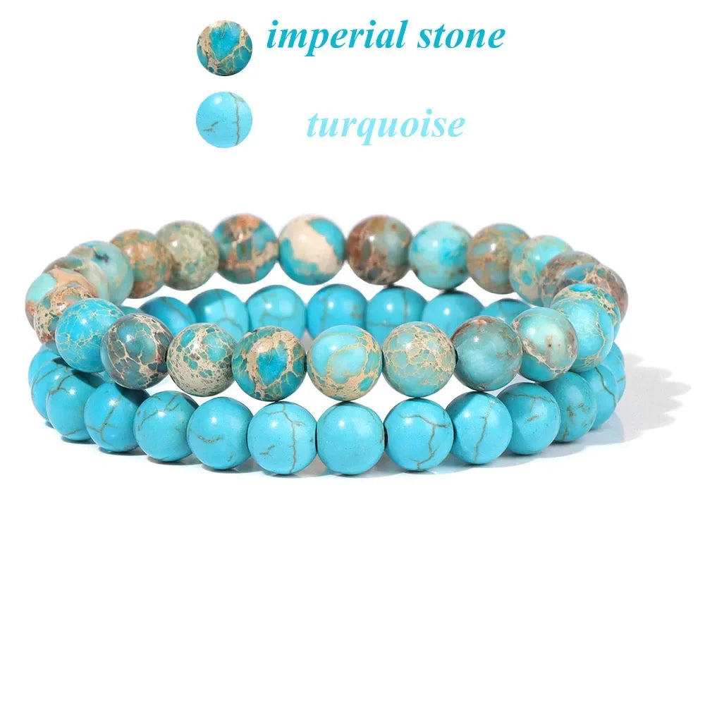 2Pcs Colorful Natural Stone Bead Bracelet Set 8MM Natural Agates Turquois Amethysts Quartzs Gem Stretch Bangle Jewelry Gift