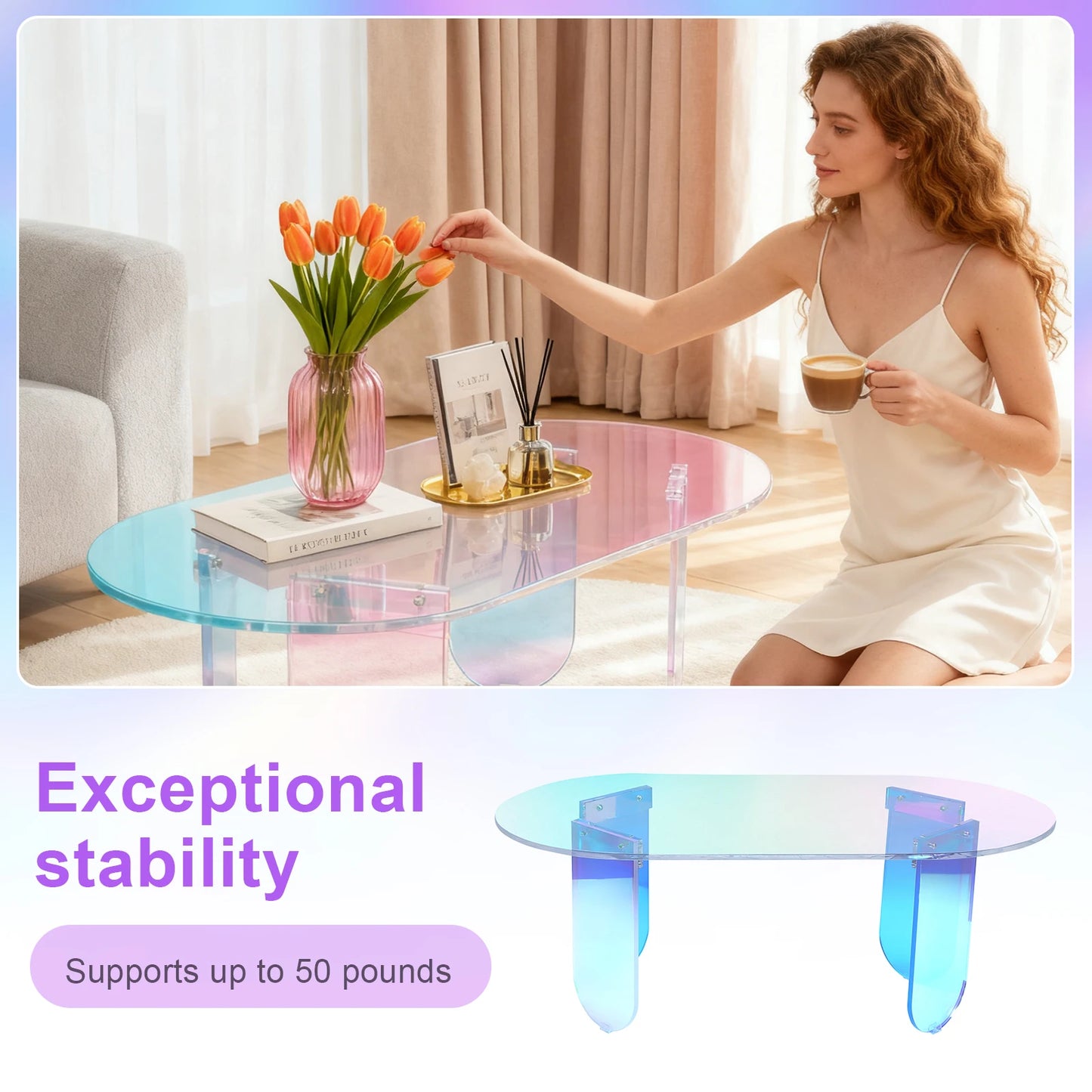 Round Square Acrylic End Table Easy Assemble Modern Chic Desk Iridescent Clear Coffee Table Transparent Art Home Decor Furniture