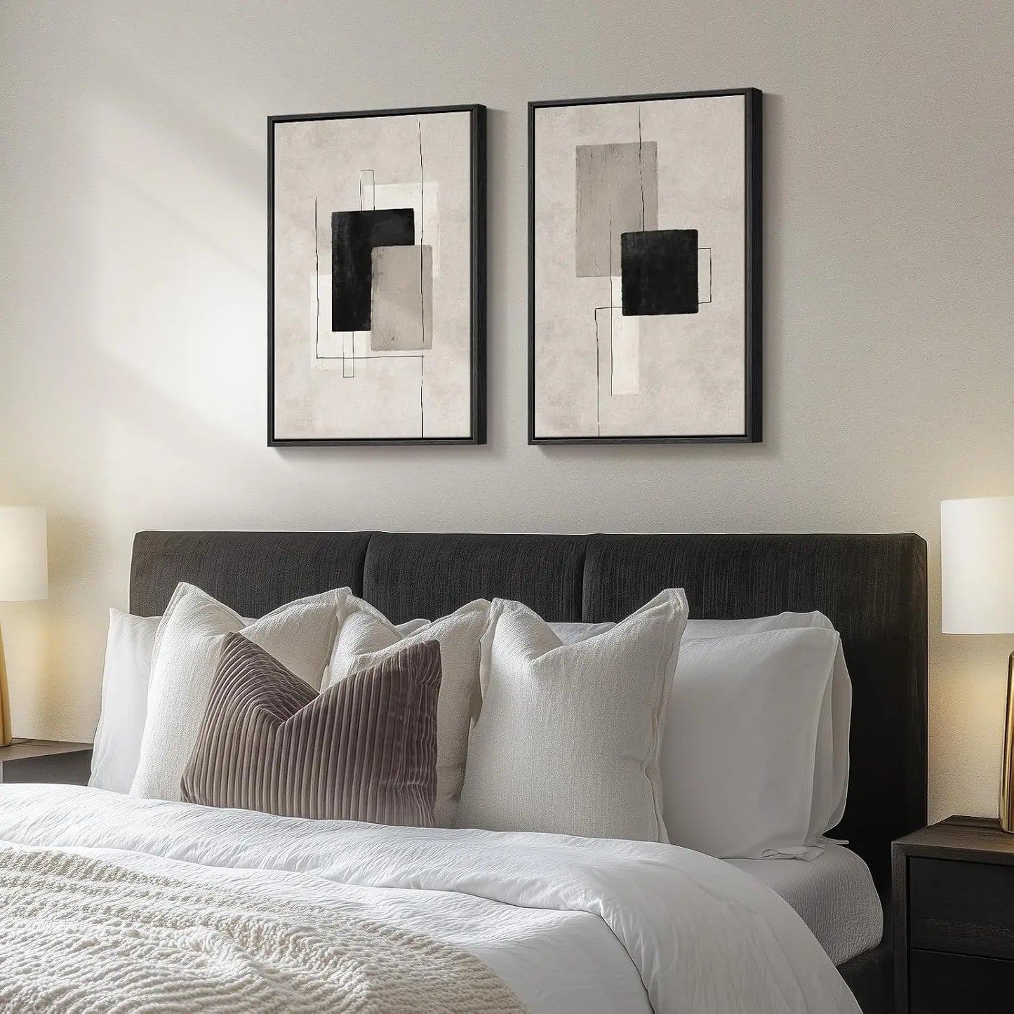Framed Neutral Abstract Wall Art Set of 2, Black Beige Modern Canvas Prints Paintings Artwork for Walls, Minimalist Block Lines Pictures for Living Room, Dining Room, Bedroom Wall Decor 16x24 In