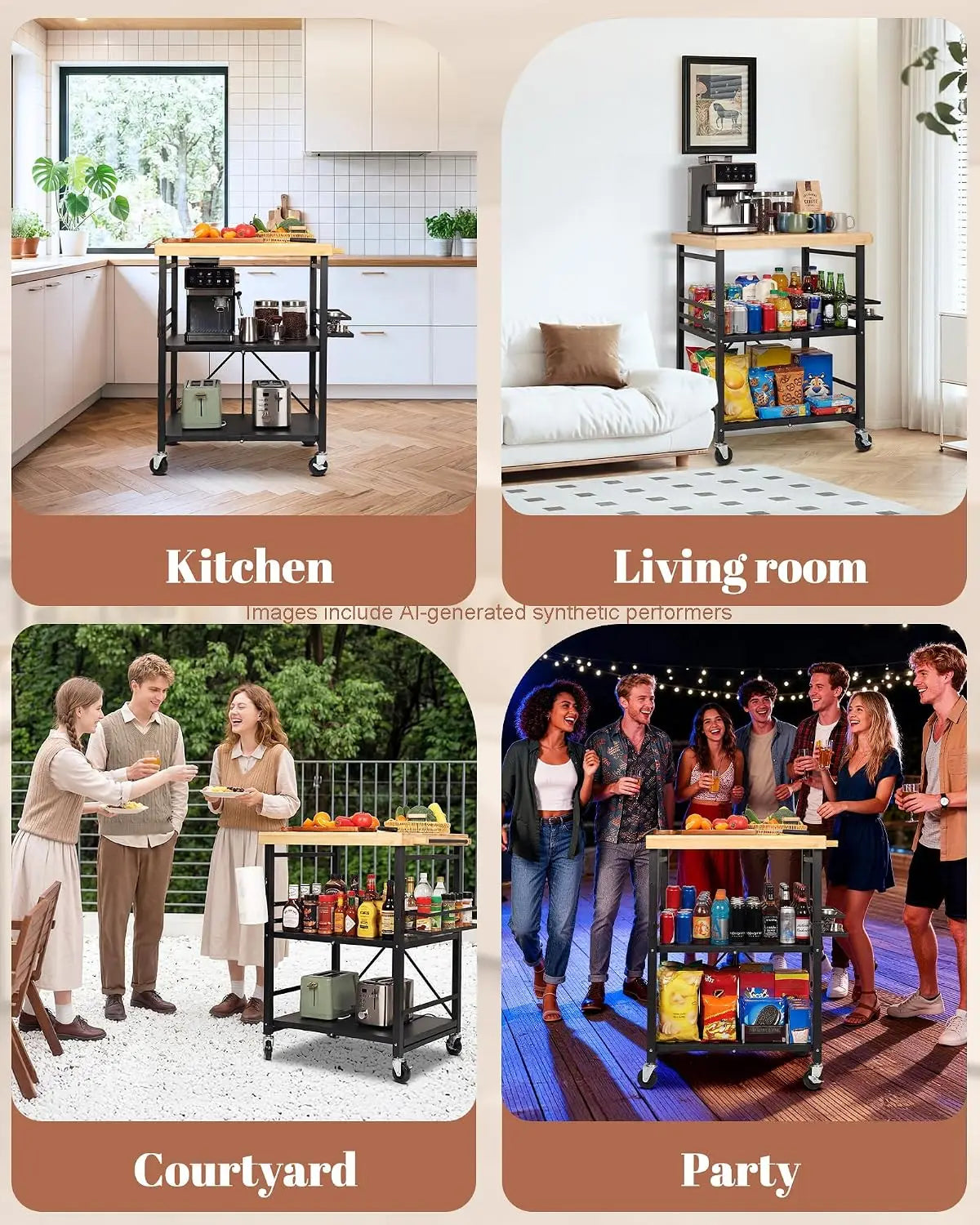 Black Foldable 3-Tier Wheeled Kitchen Cart Mobile Kitchen Island with Wooden Tabletop Multipurpose Microwave Stand & Coffee Bar Trolley Featuring Side Storage Rack for Household Kitchen Storage
