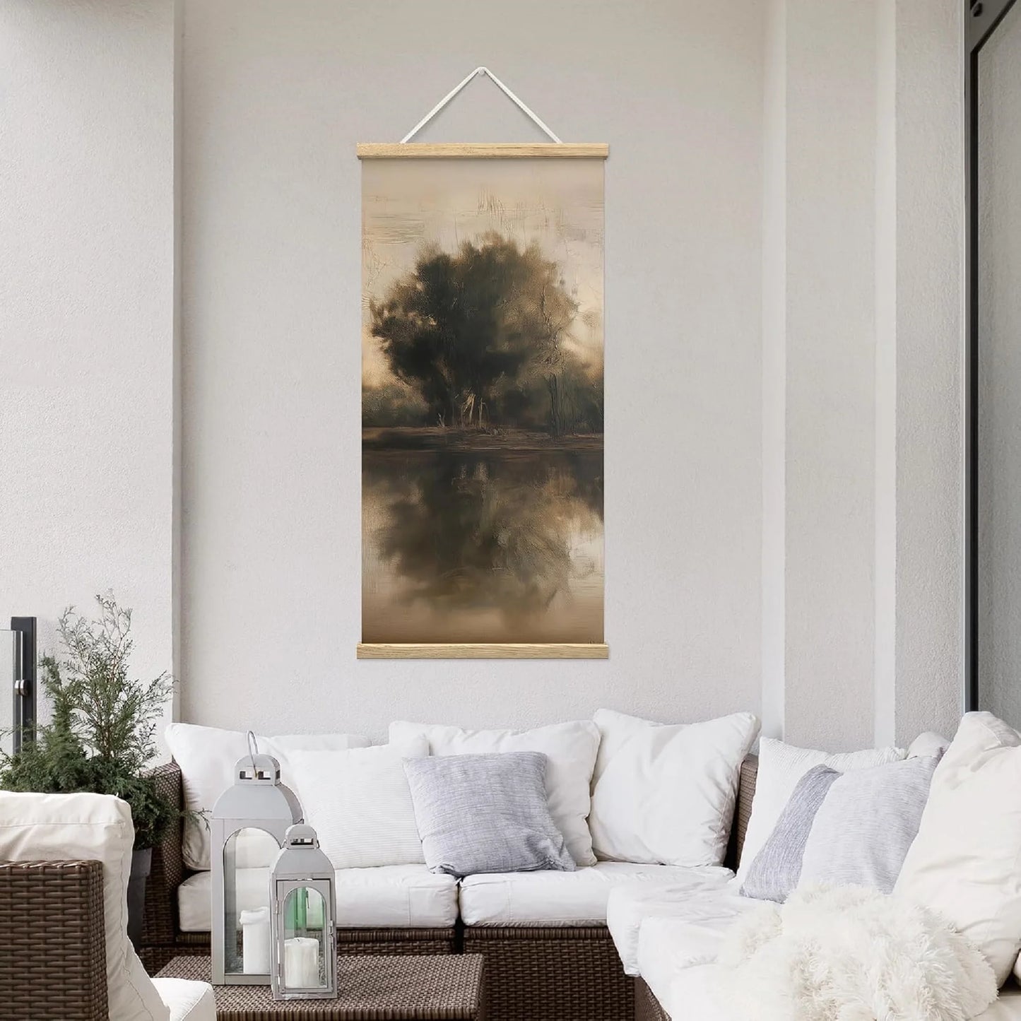 Wooden Framed Hanging Poster Neutral Sepia Lake Tree Reflection Wall Picture Poster Artwork for Home