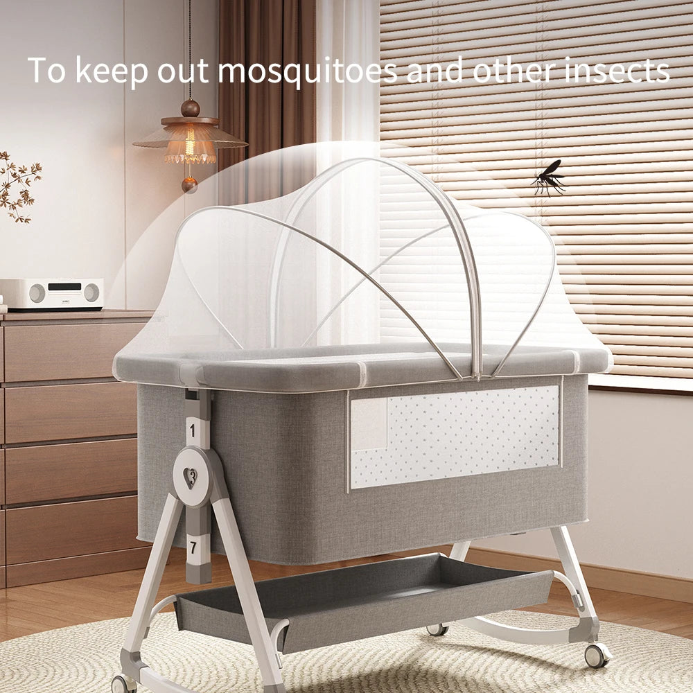 Baby Bassinet, 3-in-1 Bedside Sleeper with Mosquito Net, 7 Adjustable Heights, Portable Folding Infant Crib with Wheels,