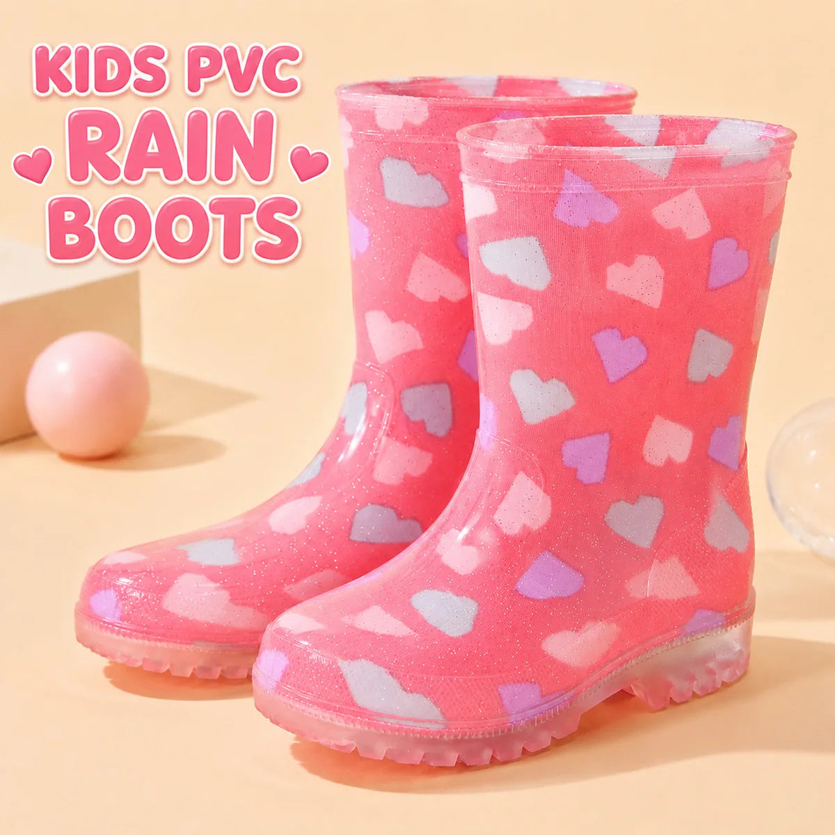 Cute Pink Heart Pattern Toddler Rain Boots Sparkly Transparent Kids Water Boots Outdoor Walking Galoshes