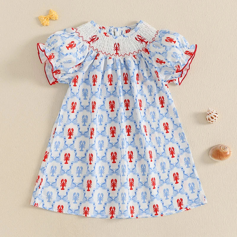 Cute Baby Girls Dress with Crab Print Round Neck and Short Sleeves Adorable Casual Dress for Summer Toddler Kids Beach Dress