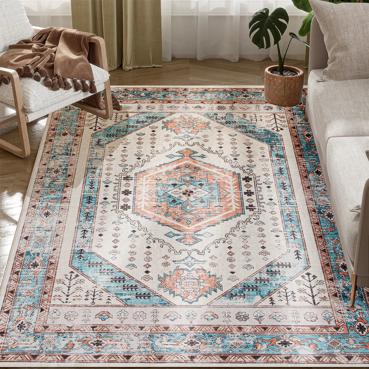 Machine Washable Area Rug, 4'x6' Vintage Oriental Medallion Distressed Rugs Soft Printed Floor Mat, Brown and Blue