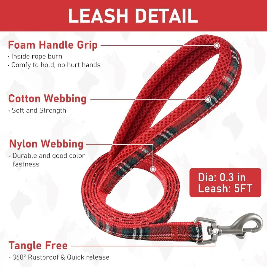 Small Dog Harness Collar and Leash Set for Puppy Cats Kitten Rabbit with Soft Mesh Adjustable Vest Design in Plaid Reflective P