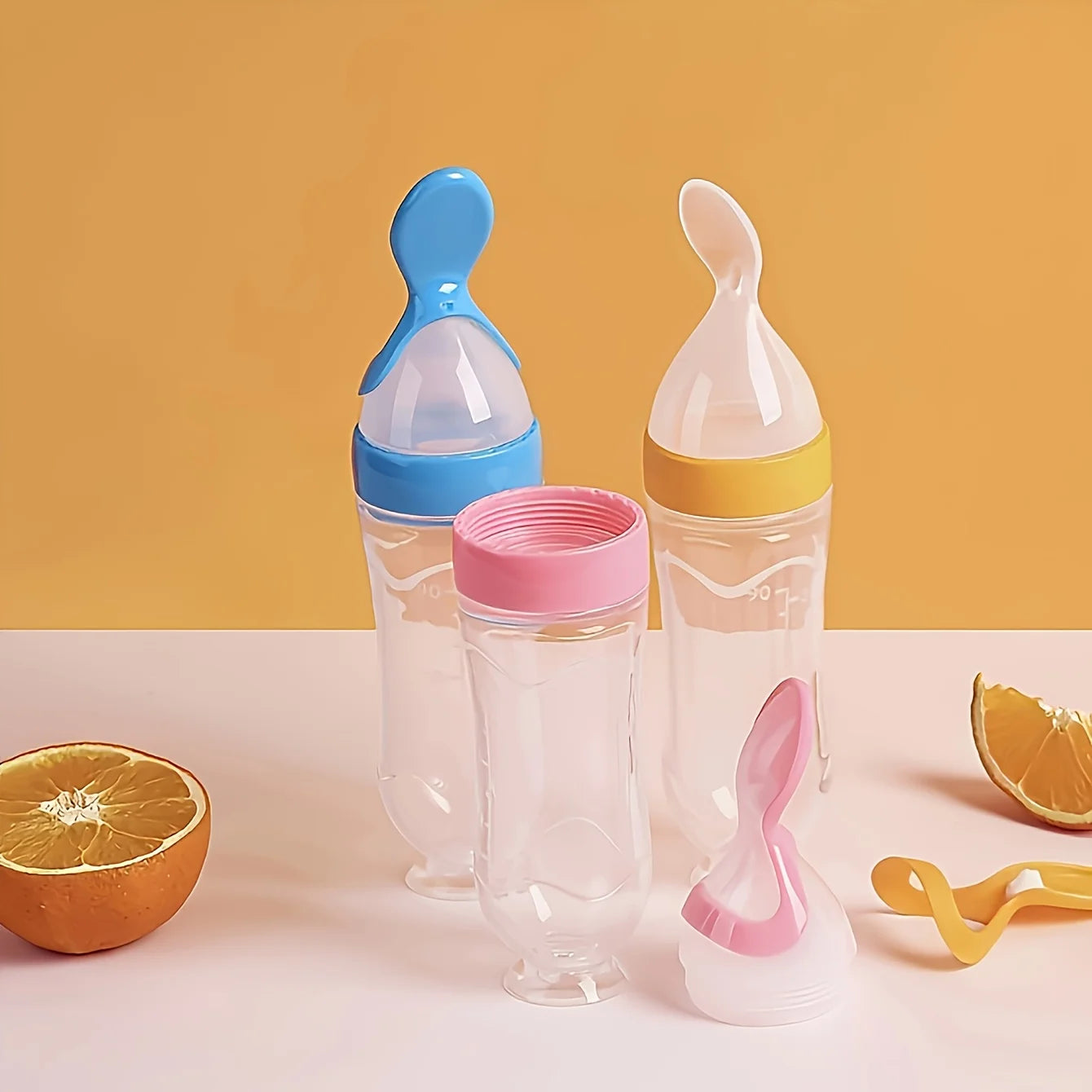 3pcs/2pcs 90ml/3oz Silicone Baby Bottle with Spoon Feeder and Suction Cup,Food Supplement Rice Cereal Squeeze Bottle Spoon Milk Feeding Bottle