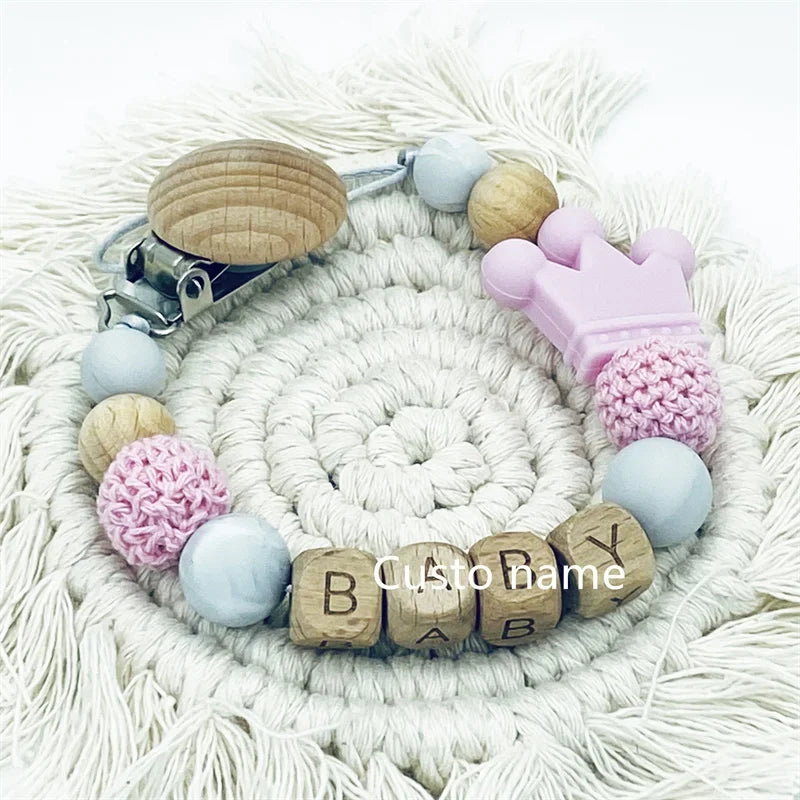 DIY Custom Name Silicone Beads Wooden Ring Pacifier Clips Safe Teething Chains Baby Teether Eco-friendly Dummy Beech Clips Gift