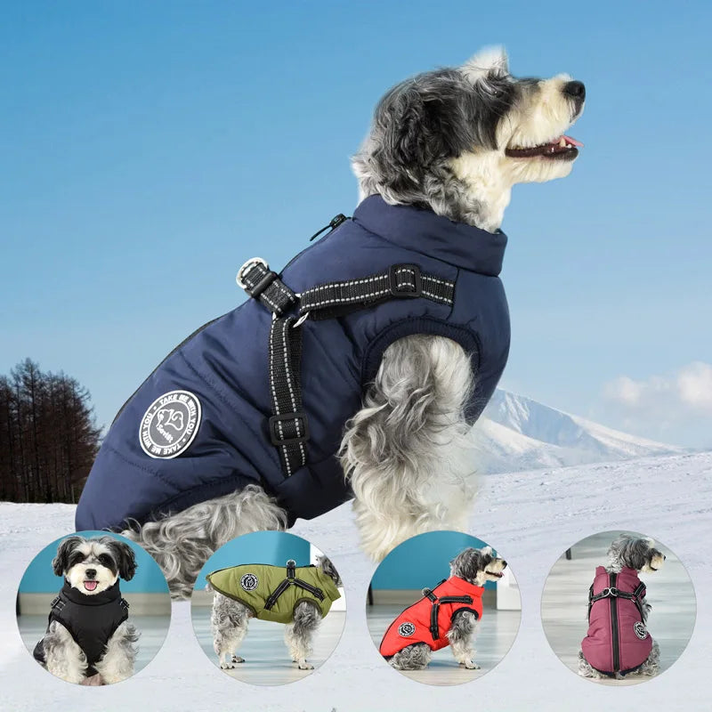 Winter Warm Dog Jacket Waterproof Pet Coat for Small Large Dog Clothes Fleece with Harness Puppy Vest Chihuahua Labrador Costume