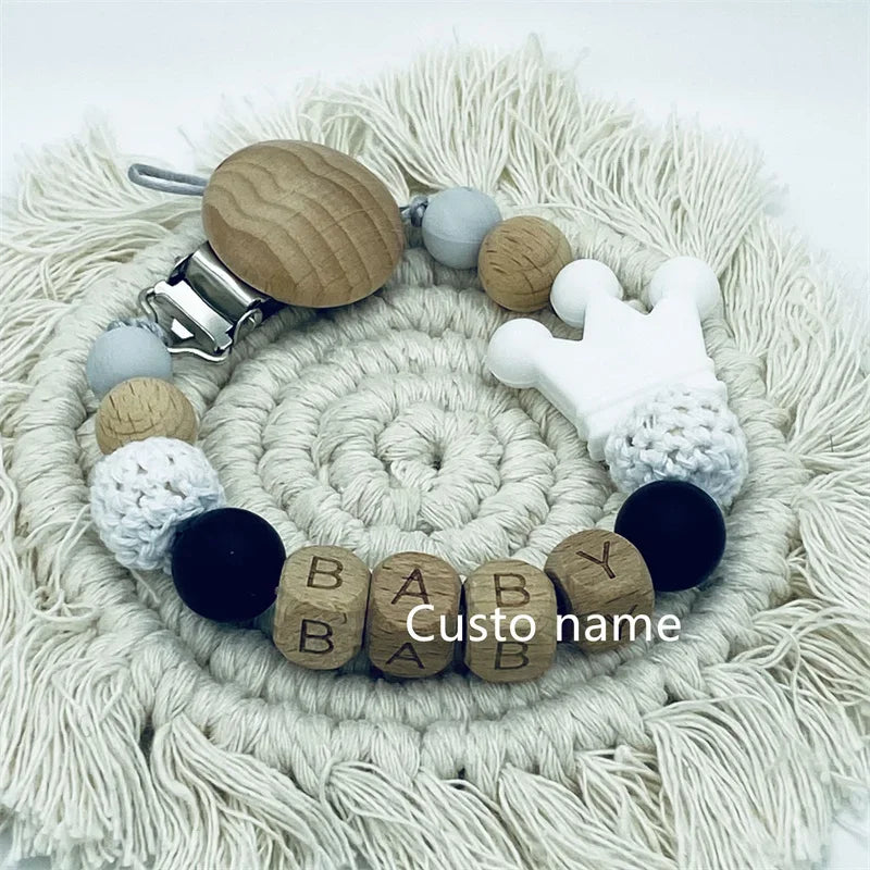 DIY Custom Name Silicone Beads Wooden Ring Pacifier Clips Safe Teething Chains Baby Teether Eco-friendly Dummy Beech Clips Gift