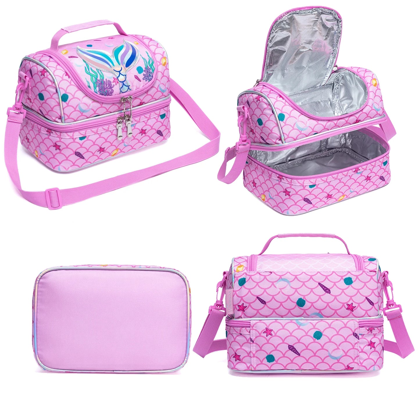 Cute Cartoon Animal Double Deck Girls Lunch Bag Portable Insulated Leakproof Lunch Tote with Detachable Shoulder Strap for School Nursery