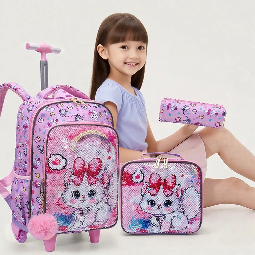 3PCS Kids travel bag, Luggage Bag, Bookbag with wheels, With Lunch Box And Pen Bag, Pink Cat sequin, Nighttime reflective