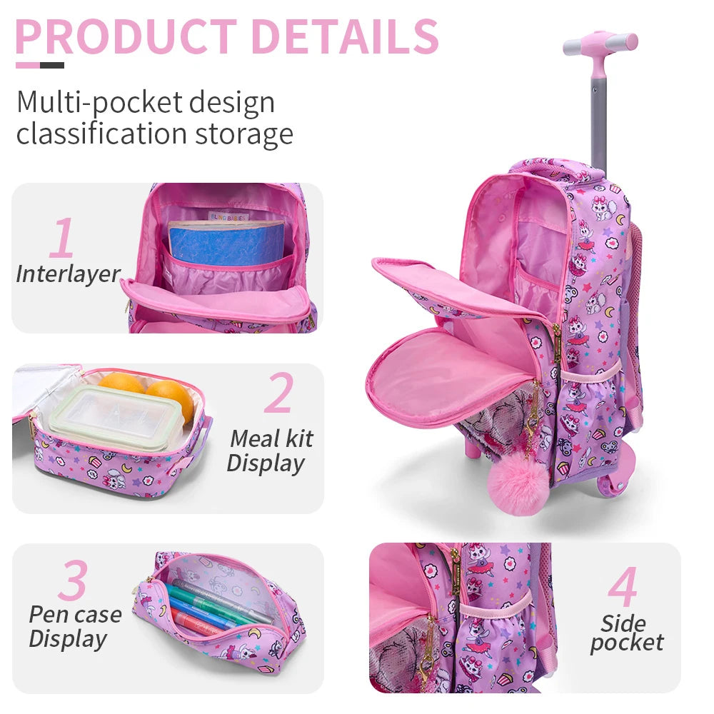 3PCS Kids travel bag, Luggage Bag, Bookbag with wheels, With Lunch Box And Pen Bag, Pink Cat sequin, Nighttime reflective