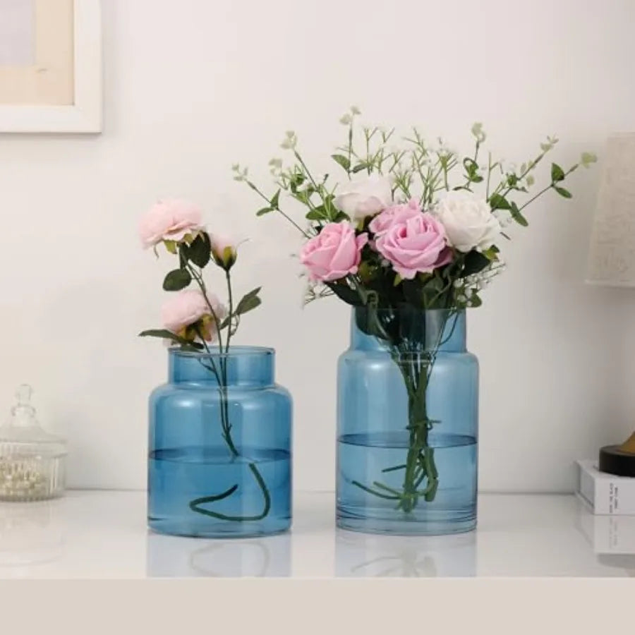 Large Glass Vase, Blue Glass Vase Set of 2, Large Flower Vases for Bouquet, Tall Wide Mouth Vases for Flowers, Home, Wedding, L