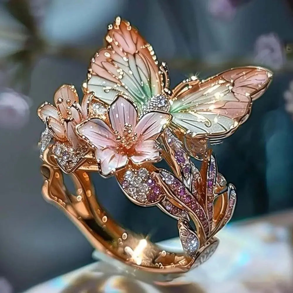 Aesthetic Flower Butterfly Rings for Female Romantic Rhinestone Stylish Non-fading Opening Ring Women Wedding Jewelry Party Gift