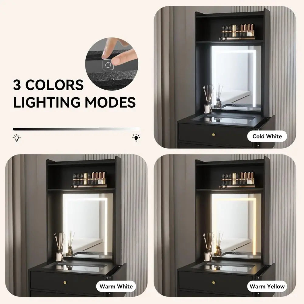 Table with Lighted Mirror and Stool, 3in1 Vanity Desk with 3Color LED Lights and 2 Drawers, FlipTop Hidden Storage Makeup Table