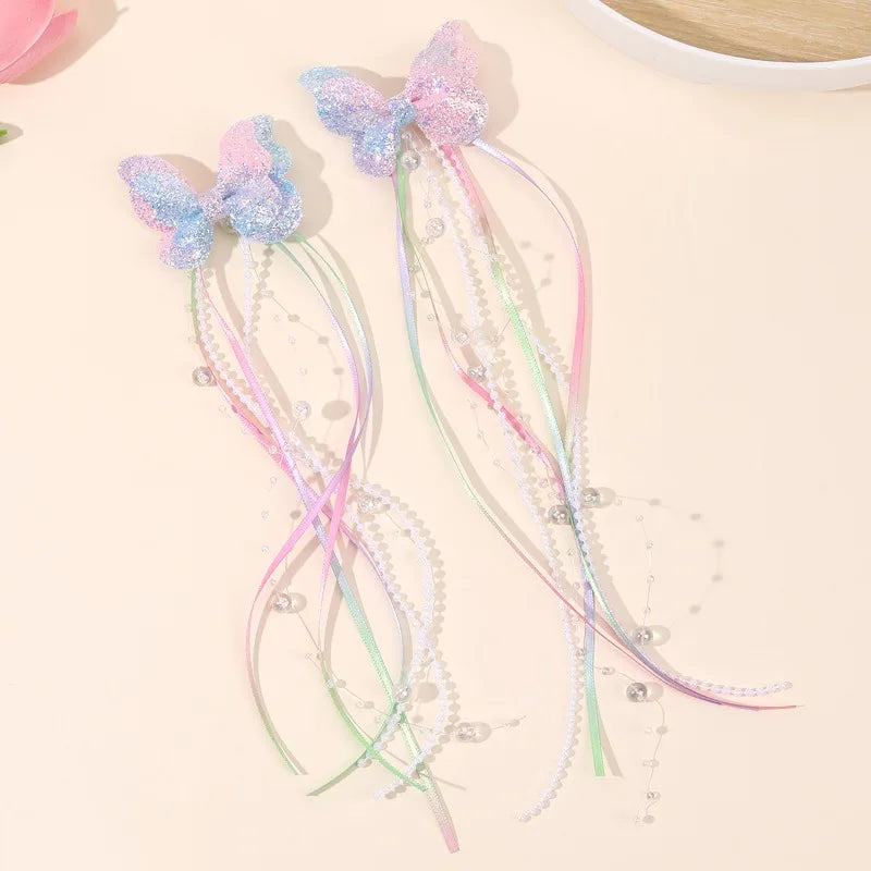 2Pc Childrens Rainbow Butterfly Sequin Hair Clip Pearl Ribbon Tassel Hair Clip Girl Braided Hair Accessory Performance Accessory Hair Clips