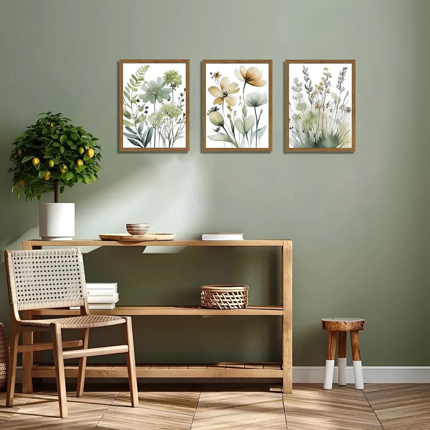 Wood Framed Sage Green Botanical Wall Art Set of 3, Boho Floral Canvas Wall Decor Paintings, Minimalist Flower Posters Prints Pictures for Bedroom Bathroom Living Room Home Decor 12x16 Inch
