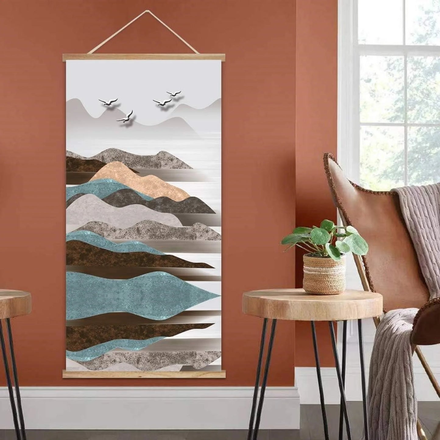 Wooden Framed Hanging Poster, Nordic Style Nature Landscape Wall Picture Poster Artwork for Home