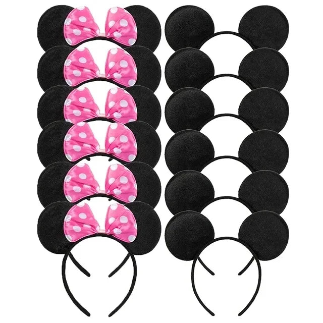 CHuangQi 12pcs Mouse Ears Headband with Bow, Mickey Minnie Ears Headwear for Boy / Girl Birthday Party, Great Party Favors
